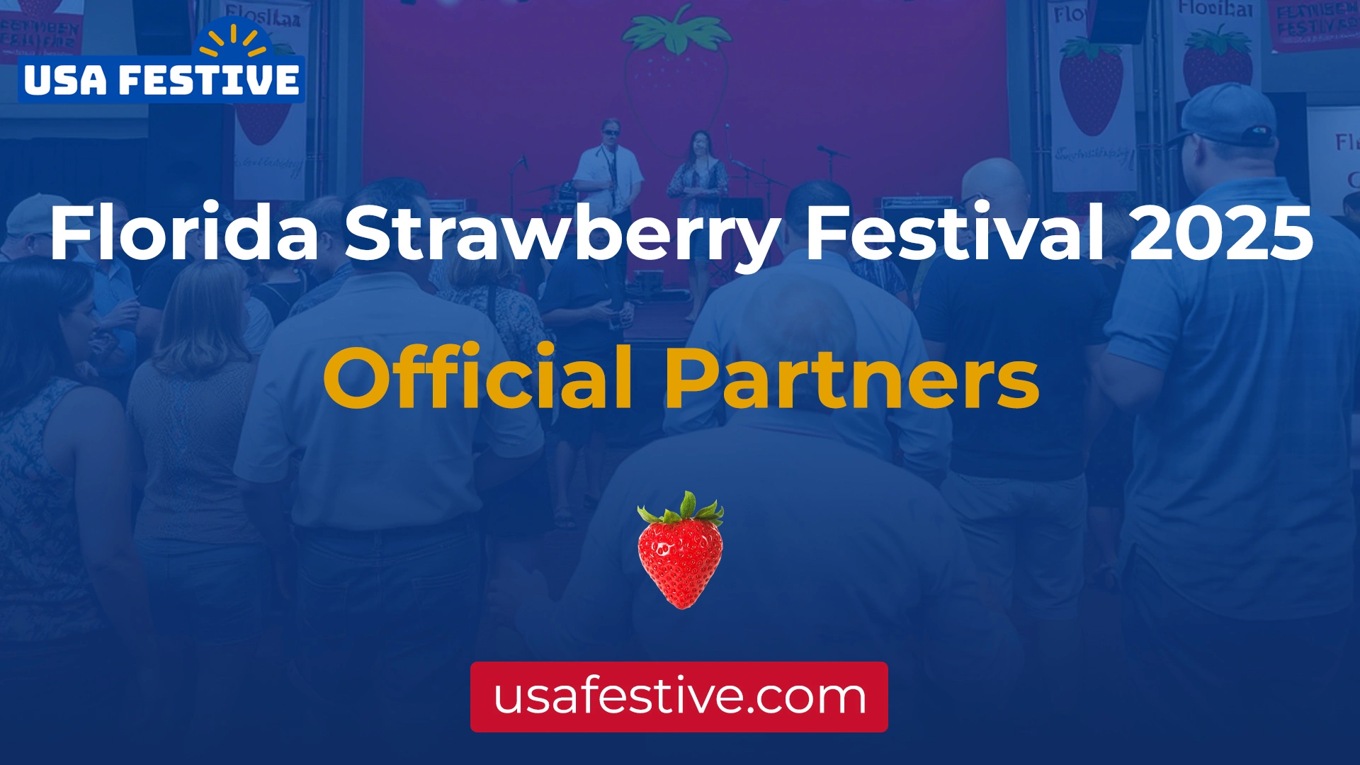 A featured image showing Official Partners Plant City Strawberry Festival 2025, Florida, USA for a USA Festive (https://usafestive.com/) blog post.